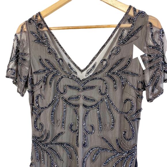 NWOT Pisarro Nights Illusion Beaded Mesh Maxi Gown Dress in Aluminum, Size 6 - Picture 9 of 16